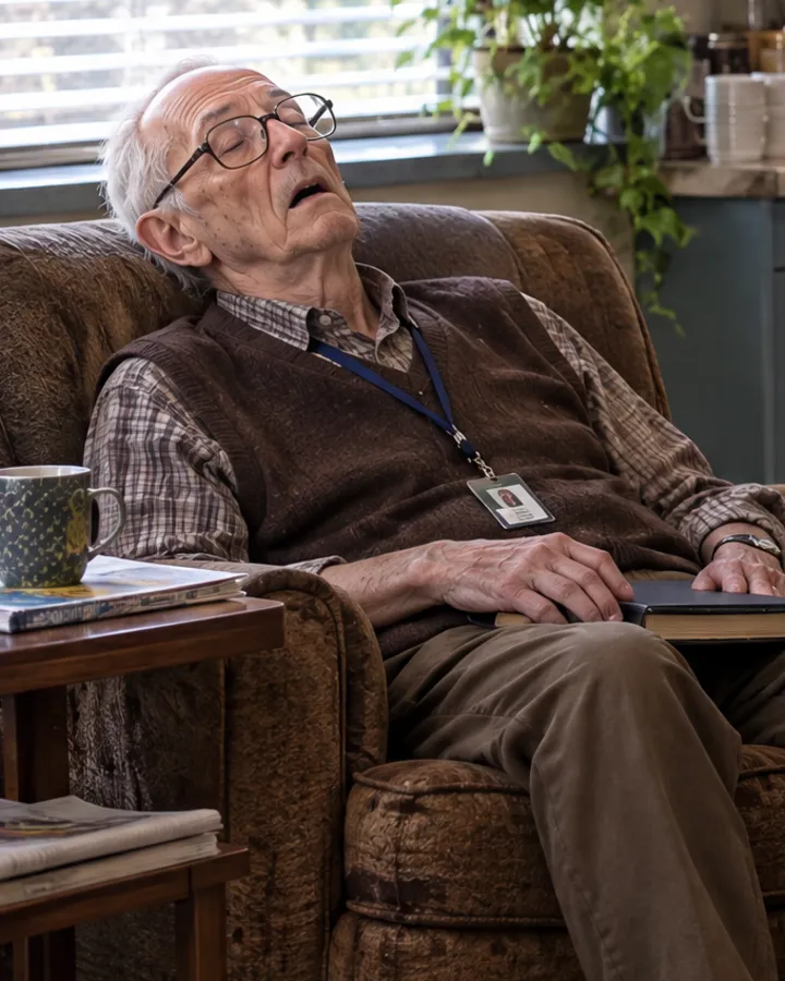 Mr. Hanley asleep in an armchair in the teachers' lounge.