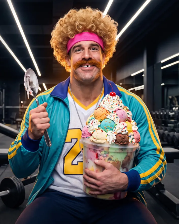 Mr. Gonner in a gym holding a huge ice cream sundae.
