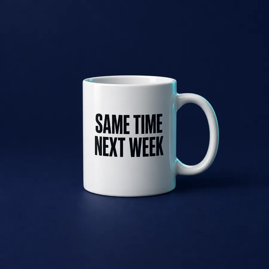 White mug printed with Same time next week.